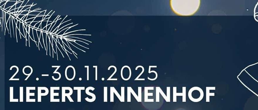 Plakat für einen Weihnachtsmarkt mit handgefertigten Artikeln, Winterpizza und stimmungsvoller Musik, veranstaltet von Lieperts Innenhof.