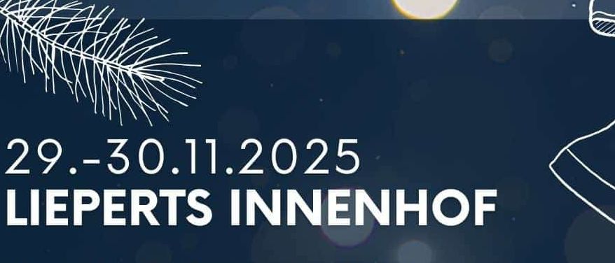 Werbeposter für die 'Weihnachtsmarkt' Veranstaltung im Lieperts Innenhof. Blauer Hintergrund mit weißen Texten und Sternen. Bietet Winterpizza, handgemachte Waren und Musik. Deutsch.