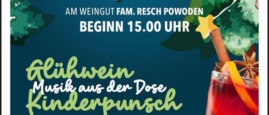 Plakat zum Aufstellen eines Weihnachtsbaums am Freitag, 28. November, bei Weingut Fam. Resch Powder. Beginn um 15.00 Uhr. Mit Glühwein.