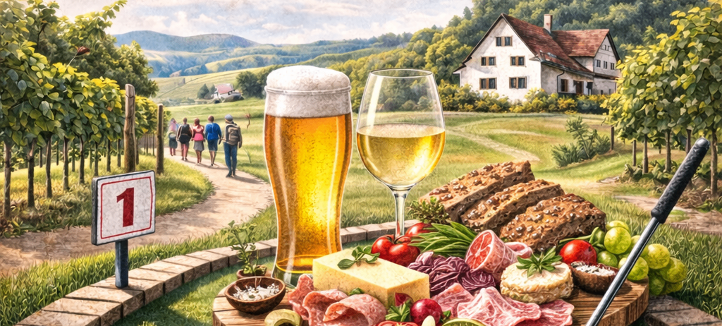 Werbung für eine Genuss-Minigolftour mit Wein, Bier und kulinarischen Köstlichkeiten. Start von 10 bis 12 Uhr beim KnieLyHaus.