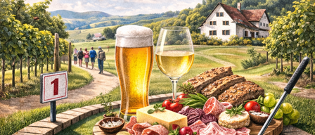 Werbung für eine Genuss-Minigolftour mit Wein, Bier und kulinarischen Köstlichkeiten. Start von 10 bis 12 Uhr beim KnieLyHaus.