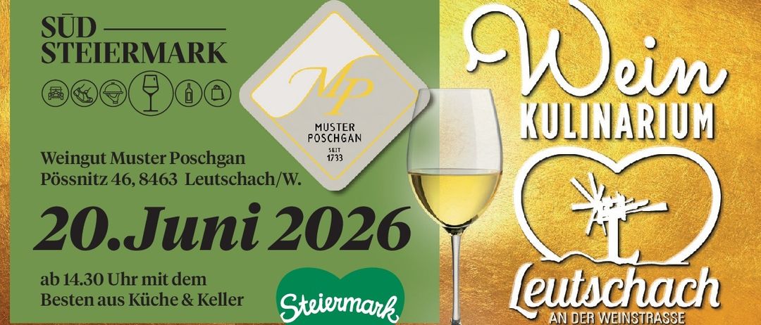 Poster for a wine event on June 20, 2026, in LEUTSCHAC. It features a wine glass with wine, icons for wine and food, and contact details. The ticket price is EUR 54.