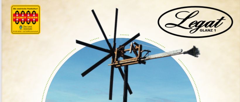 Plakat für die Klapottefest-Veranstaltung im Buschenschank Legat am 19.07.2026 um 11:00 Uhr. Zeigt eine Mühle in einem Weinberg.