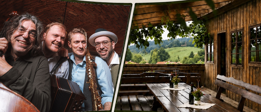 Poster for a musical event by Quartetto Novo, featuring a photo of the band and a scenic vineyard background. The event is scheduled for July 21, 2026, at 6:30 PM at Weingut Bernd Stelzl in Sudsteiermark. Reservations are requested by calling 0664 52 395 11. Admission is voluntary donations for the musicians.