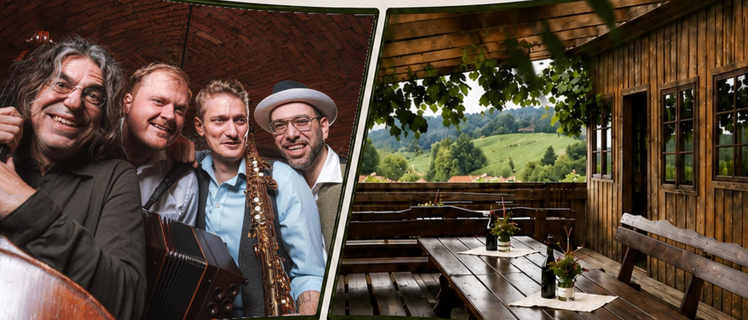 Plakat für ein Musikevent von Quartetto Novo, mit einem Foto der Band und einem malerischen Weinberg im Hintergrund. Das Event ist für den 21. Juli 2026 um 18:30 Uhr im Weingut Bernd Stelzl in Südsteiermark geplant. Reservierungen werden unter 0664 52 395 11 erbeten. Der Eintritt ist eine freiwillige Spende für die Musiker.