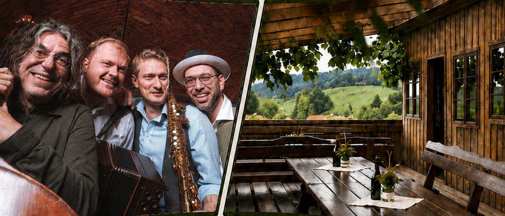 Plakat für ein Musikevent mit der Band 'Quartetto Novo' im Weingut Bernd Stelzl am 25. August 2026 um 18:30 Uhr. Das Plakat zeigt ein Foto der Bandmitglieder und eine landschaftliche Ansicht des Veranstaltungsortes.