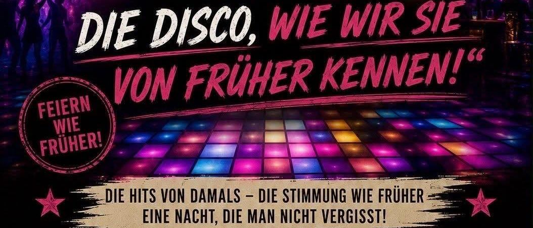 Ein Neonschild für eine Disco-Veranstaltung im Rialto am 5. September 2026 um 20 Uhr. Das Schild zeigt leuchtende Farben und eine Discokugel.