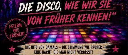 Ein Neonschild für eine Disco-Veranstaltung im Rialto am 5. September 2026 um 20 Uhr. Das Schild zeigt leuchtende Farben und eine Discokugel.