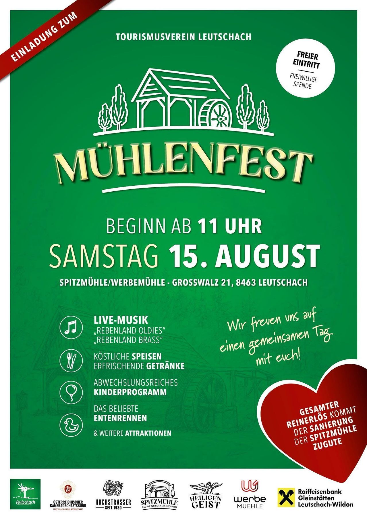 Poster for Muhlenfest event on August 15th, featuring live music, food, drinks, and attractions for families. The event starts at 11 AM at Spitzmuhle/Webermuhle in Leutschach.