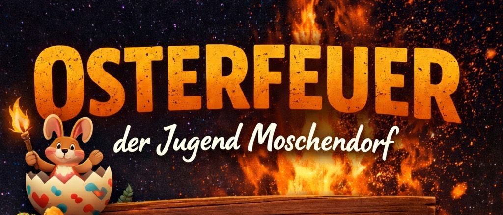 Am Ostersonntag feiert die Jugend von Moschendorf mit einem Lagerfeuer, das um 20:00 Uhr beginnt. Ein Schild sagt 'Für Speise und Trank ist gesorgt!'. Ein Osterei wird von einem Hasen gehalten.