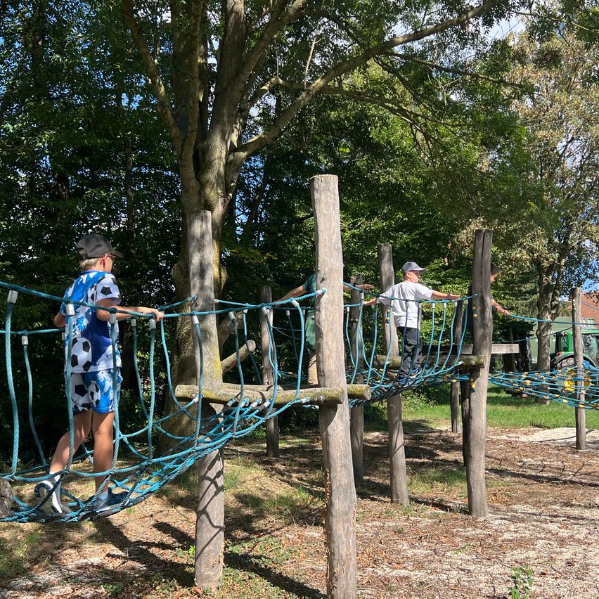 Kinder durchqueren einen Seilparcours im Park, wobei ein Junge ein Fußballtrikot trägt.