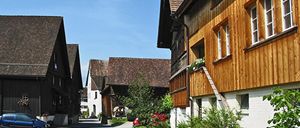Eine ruhige Straße mit traditionellen Holzhäusern, einige mit Balkonen, unter einem klaren blauen Himmel. Ein blauer Van und ein rotes Auto sind geparkt.