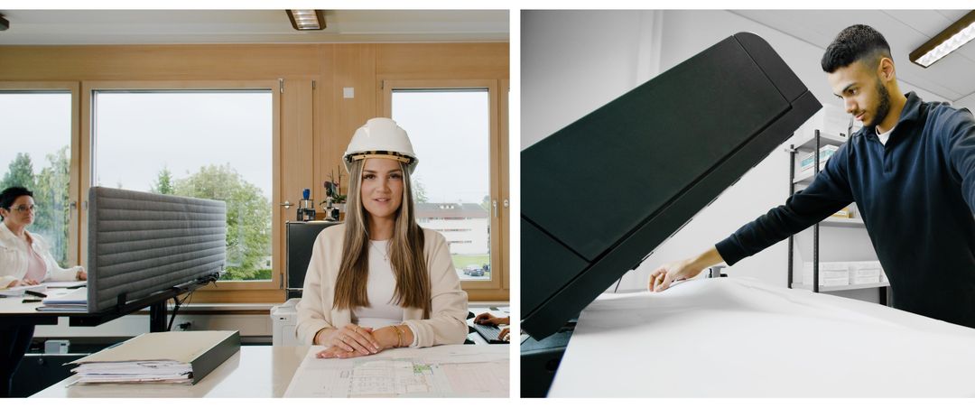 A woman wearing a white hard hat sits at a desk, smiling at the camera. A blueprint and a black folder are on the desk. A window behind her shows a house and car.