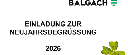 Die Einladung von Balgach zu den Neujahrsgrüßen 2026 zeigt ein vierblättriges Kleeblatt mit einer Marienkäfer.