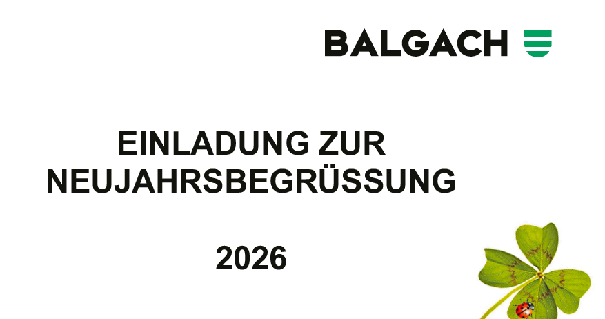 Die Einladung von Balgach zu den Neujahrsgrüßen 2026 zeigt ein vierblättriges Kleeblatt mit einer Marienkäfer.