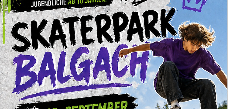 Ein Plakat für eine Skateboard-Veranstaltung in Balgach, mit einem jungen Jungen, der einen Skateboard-Trick ausführt. Das Plakat hat ein Graffiti-ähnliches Design mit dem Text 'Skatepark Balgach' und '12. September'. Der Junge trägt ein lila Shirt und schwarze Hose.