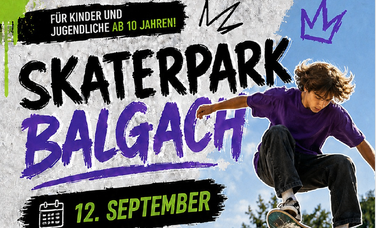 Ein Plakat für eine Skateboard-Veranstaltung in Balgach, mit einem jungen Jungen, der einen Skateboard-Trick ausführt. Das Plakat hat ein Graffiti-ähnliches Design mit dem Text 'Skatepark Balgach' und '12. September'. Der Junge trägt ein lila Shirt und schwarze Hose.