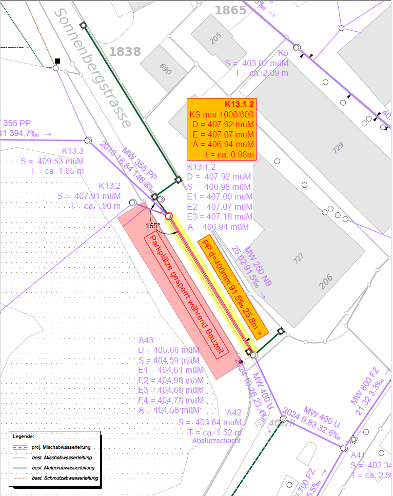 Eine technische Karte zeigt Messungen für verschiedene Punkte, gekennzeichnet durch K13.1.2, K13.2 und K13.3. Die Messungen umfassen die Entfernung S, die Temperatur T und die magnetische Feldstärke A, jeweils mit Werten in Metern, Grad Celsius und Mikrotesla.