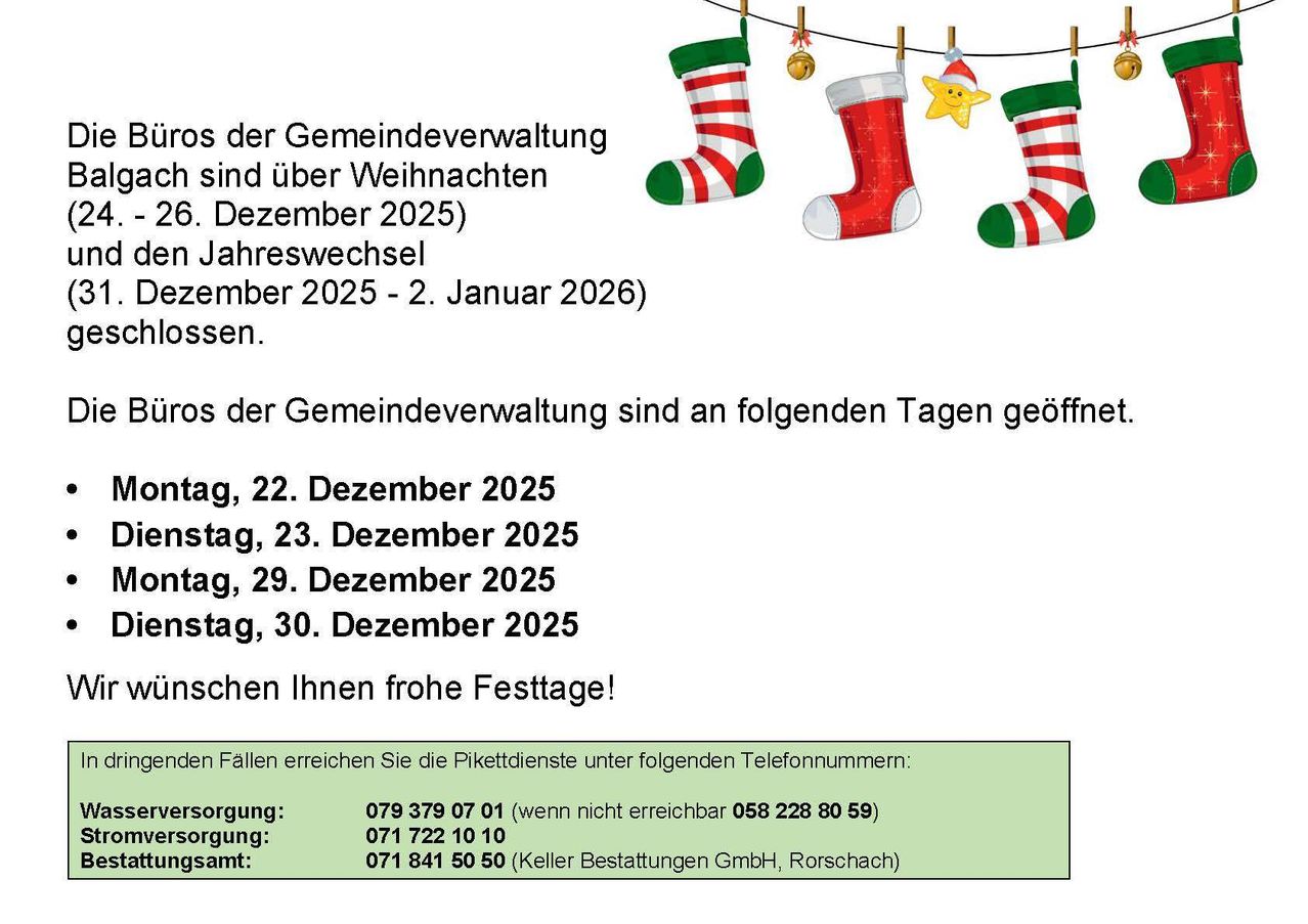 Ein Flugblatt mit Weihnachtssocken und einem Stern. Es sagt, dass die Gemeindeverwaltung an bestimmten Tagen im Dezember 2025 und Januar 2026 geöffnet hat. Es gibt Telefonnummern für Anfragen.
