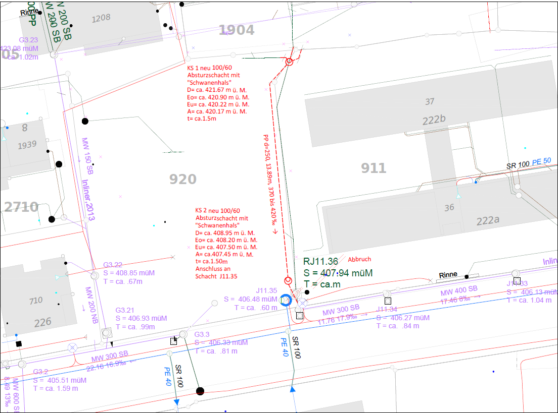 Karte mit verschiedenen Messwerten und Beschriftungen in Deutsch, einschließlich Koordinaten, Entfernungen und Höhen, mit einem markierten Bereich für 'Abbruch'.