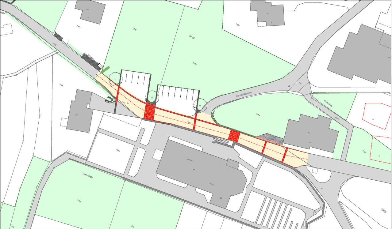 A map shows a planned development with red and yellow lines indicating pathways. Buildings and parking lots are marked in gray. Green areas represent parks or open spaces.
