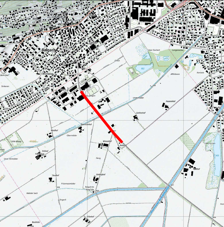 A map with a red line pointing to an area labeled 'Balga'ch in the center, surrounded by roads, buildings, and water.