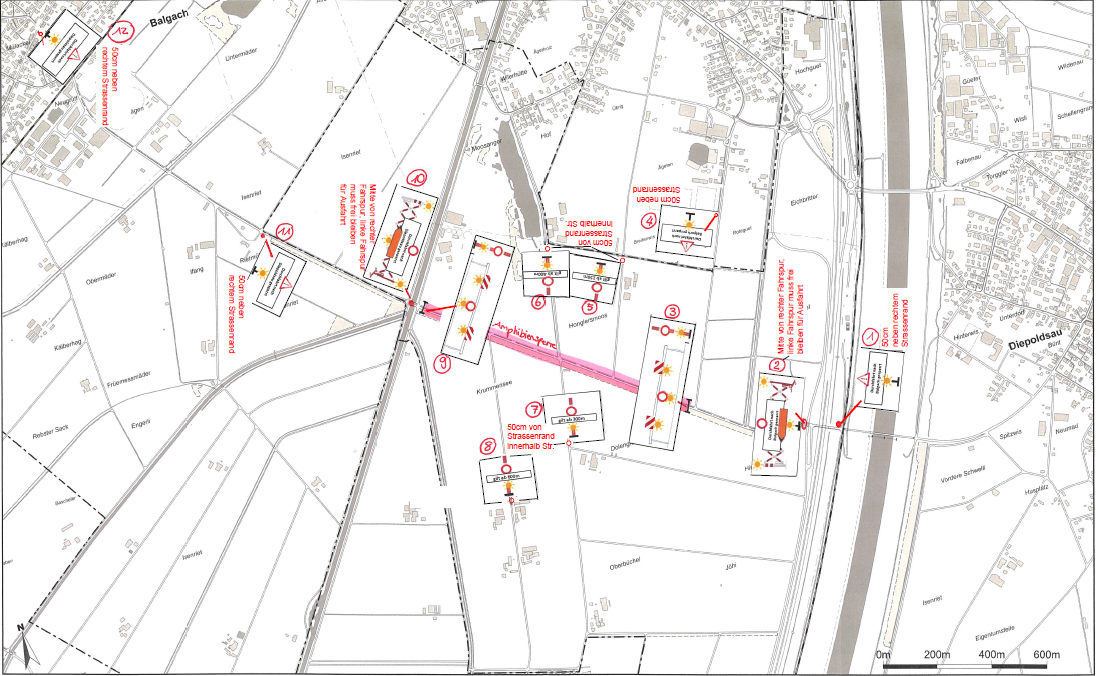 A map shows a street layout with various numbered points and safety instructions. The points are marked with circles and arrows, indicating directions and warnings. The layout includes street names, safety zones, and distances.