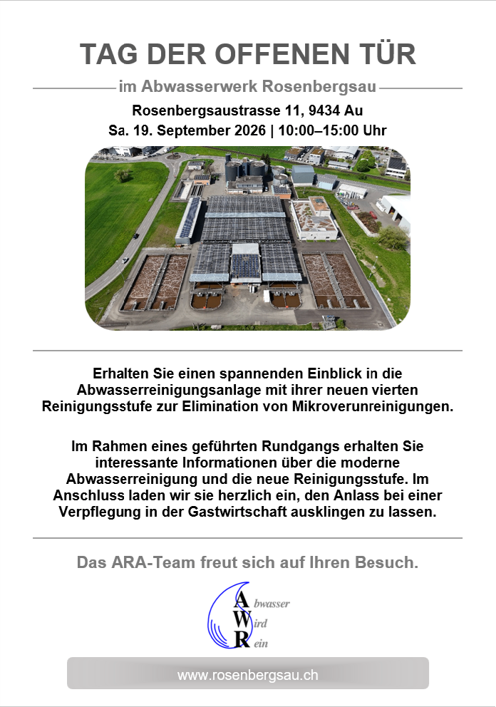 An aerial view of a wastewater treatment plant with a modern fourth cleaning stage for micro-pollution elimination. The image includes a text overlay with an invitation for a guided tour.