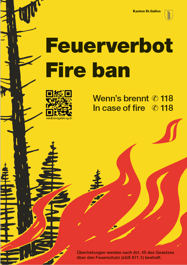 A yellow poster with a fire ban notice. It features a tree silhouette and flames. The text reads 'Fire ban' and 'Wenn's brennt 118' with a phone number. QR code for waldbrandgefahr.sg.ch.