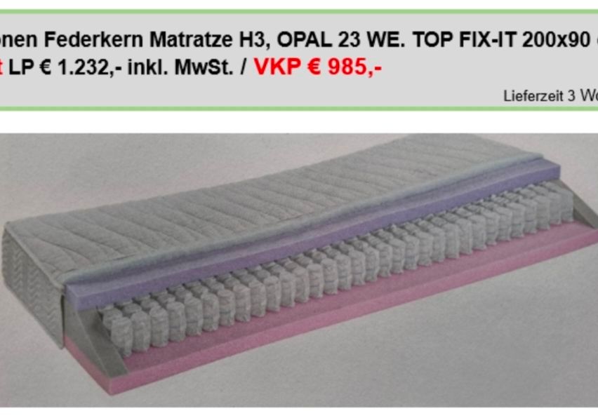 A close-up of a gray and pink mattress with a text overlay displaying product details and pricing. The mattress has a layered structure with visible springs.