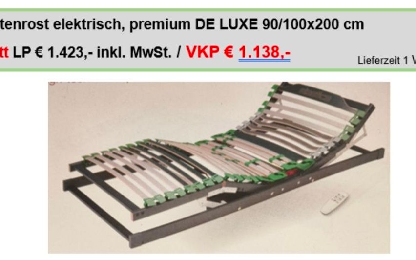 An image of an electric adjustable bed with a remote control, dimensions 90/100x200 cm, priced at 1,423 euros including VAT.