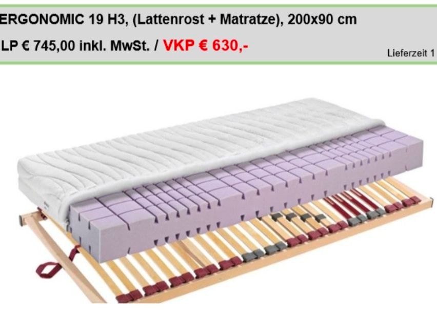 A white mattress with purple foam blocks on a wooden bed frame. The mattress is labeled 'ECONOMIC 19 H3' and measures 200x90 cm. The price is 745.00 euros, including VAT.