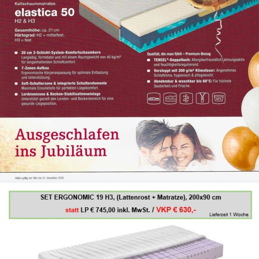 A promotional poster for the Elastica 50 mattress, featuring a couple sleeping with the mattress, highlighting its features like 3-layer comfort foam, 7-zone construction, and hypoallergenic materials. The poster also includes a discount offer.