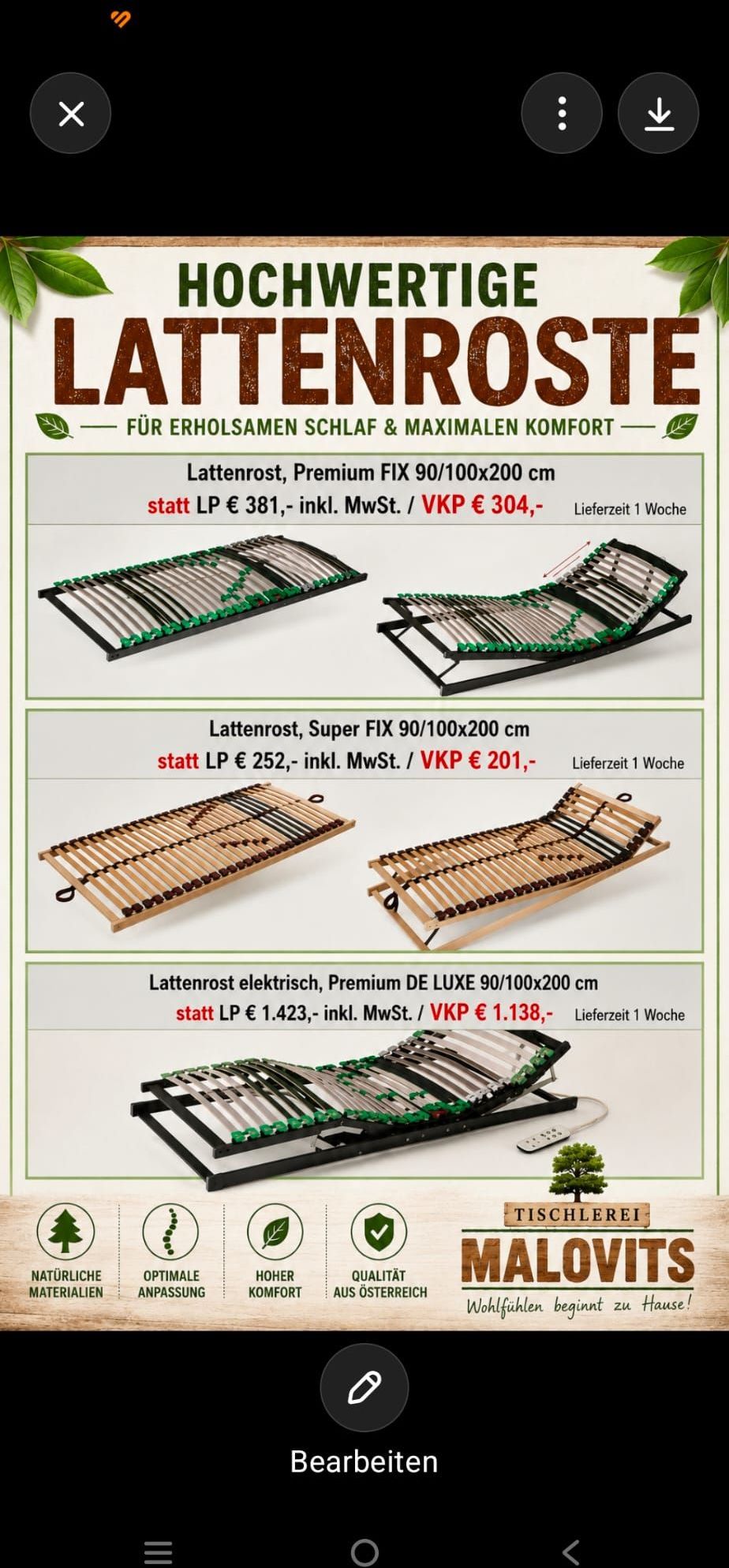 An advertisement for adjustable beds with three options: Premium FIX, Super FIX, and Premium DE LUXE, each with dimensions and pricing information. The Premium FIX is priced at €381, Super FIX at €252, and Premium DE LUXE at €1,423. All prices include VAT. Delivery is expected in one week.