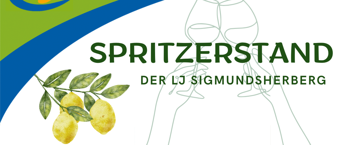 Plakat für die Spritzerstand-Veranstaltung von LJ Sigmundsherberg am 5. September 2026, mit einer Zitronenzweig, Weinläsern und einem Cocktail mit einer Orangenscheibe. Die Veranstaltung findet auf dem Kirchplatz in Rodingersdorf ab 16:00 Uhr statt.