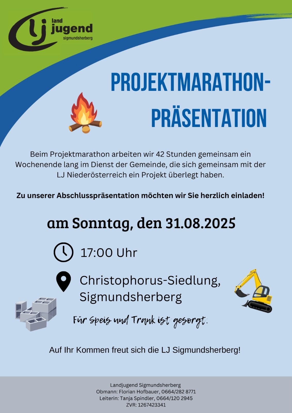 Projektmarathon-Präsentation. 42 Stunden über ein Wochenende arbeiten. Datum: 31.08.2025. Zeit: 17:00 Uhr. Ort: Christophorus-Siedlung, Sigmundsherberg. Essen und Getränke sind vorhanden.