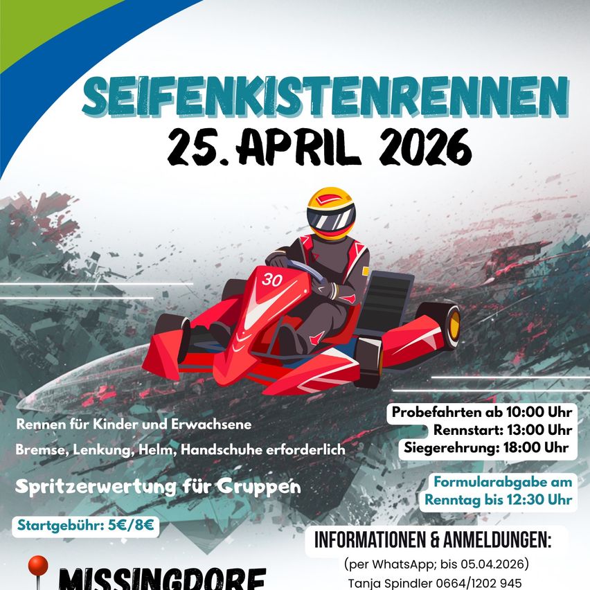 Poster for go-kart races on April 25, 2026. Includes details on registration, safety gear required, and event schedule. Helmet, gloves, and shoes mandatory. Starts at 10:00 AM, registration at 1:00 PM, and ends at 6:00 PM.