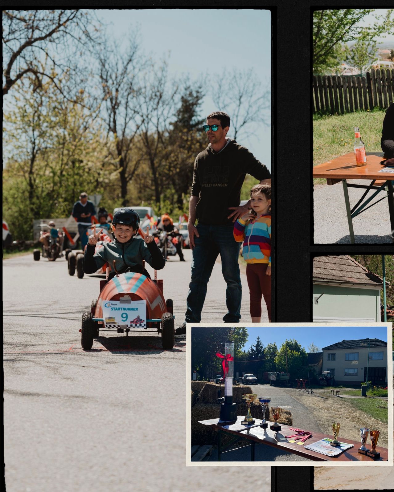 Ein Junge im Go-Kart mit der Nummer 9 auf dem Startblock fährt Rennen mit anderen Kindern. Ein Erwachsener steht neben ihm. Ein Haus, ein Zaun und ein Tisch sind im Hintergrund.