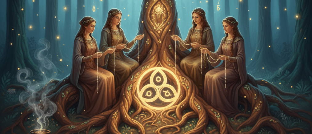 Eine Illustration von drei Frauen um einen Baum, die Schnüre mit Symbolen halten, und einen Kessel mit Rauch in einem Wald. Der Baum hat ein leuchtendes Symbol und der Mond darüber. Der Text lautet 'Deine Essenz. Dein Weg. Deine Rückkehr.' Darunter steht 'Ganzheitlich gestärkt ins Neue Jahr.'