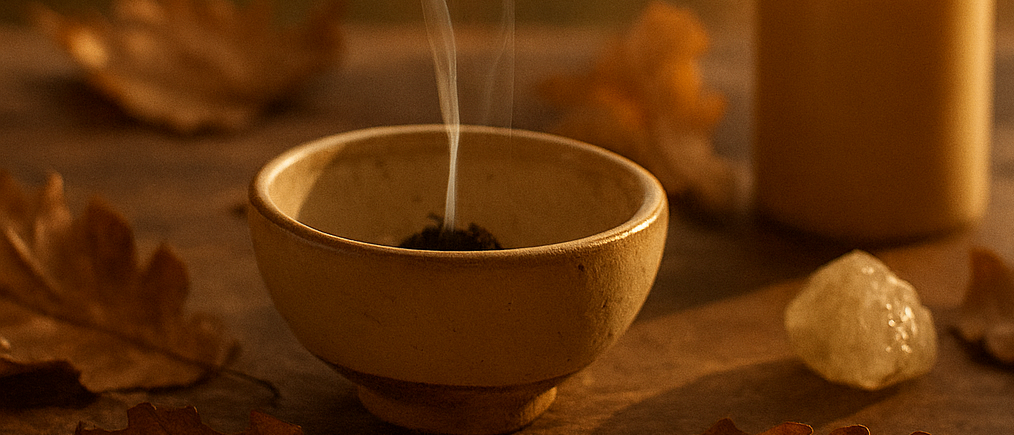Eine Schale mit aufsteigendem Räucherduft neben einer brennenden Kerze und einem Kristall auf einem mit Blättern bedeckten Holztisch.