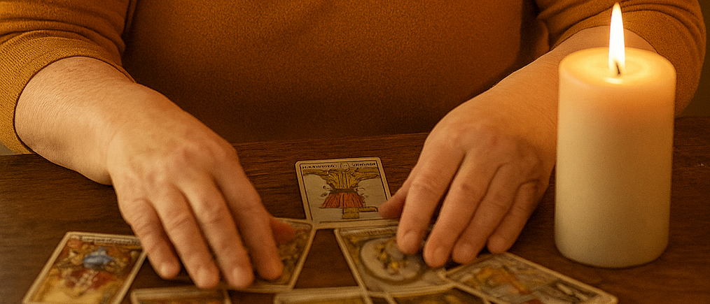 Eine Frau sitzt an einem Tisch mit einer brennenden Kerze und einer Tarotkarte, trägt eine Halskette und einen warmen braunen Pullover. Sie lächelt mit den Zähnen.