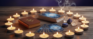 Eine mystische Szene mit Kerzen, Tarotkarten und einem Buch, die in einem Kreis angeordnet sind. Rauch entweicht von oben und wirft Schatten auf einen Holztisch.