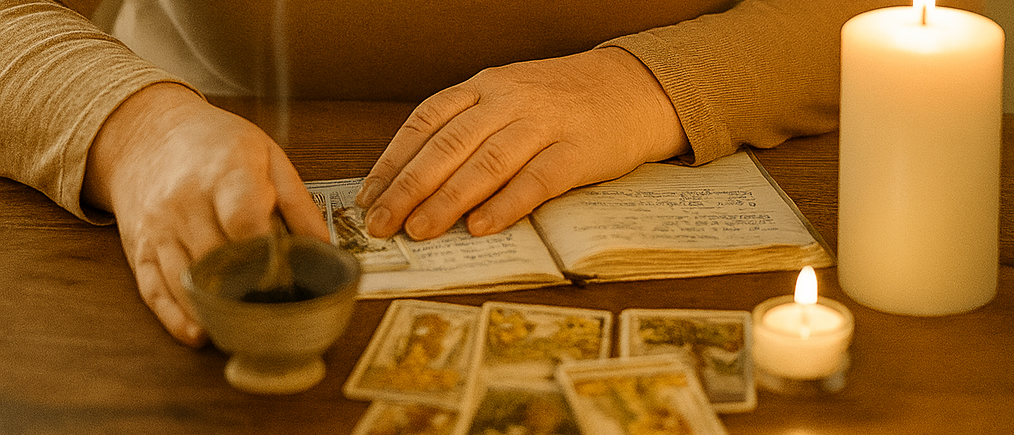 Eine ältere Frau sitzt an einem Schreibtisch mit einem Buch, einer Kerze und einem kleinen Gegenstand, möglicherweise einem Räucherstäbchen. Sie trägt ein herzförmiges Anhänger und hat einen konzentrierten Ausdruck.