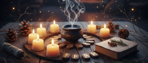 Ein mystischer Raum mit Kerzen, Räucherwerk und einem Buch. Rauch steigt aus einem Kessel in der Mitte auf, mit Runen darum herum.