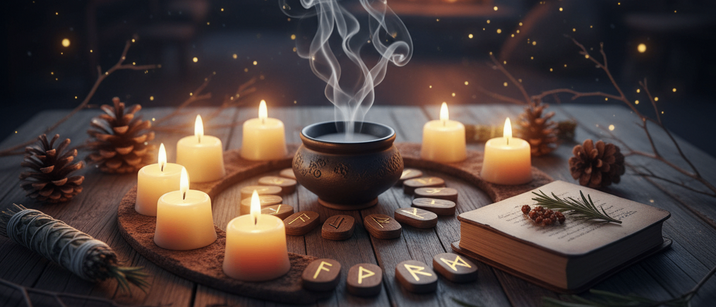 Ein mystischer Raum mit Kerzen, Räucherwerk und einem Buch. Rauch steigt aus einem Kessel in der Mitte auf, mit Runen darum herum.
