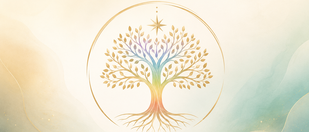 Ein Logo mit einem Baum und einem Stern, benannt nach Karin Prasch, mit dem Slogan 'Klarheit. Energie. Körper. Seele.' in goldener Schrift.