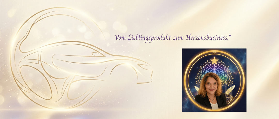 Ein Bild eines Autos mit dem Text 'Vom Lieblingsprodukt zum Herzensbusiness'. Eine Frau lächelt und blickt nach vorne.