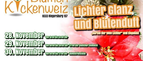 Werbeposter für die Blumen Kückenweiz Veranstaltung in Riegersburg. Termine sind am 28., 29. und 30. November. Zeigt einen Garten mit 1000 Lichtern und weihnachtliche Stimmung.