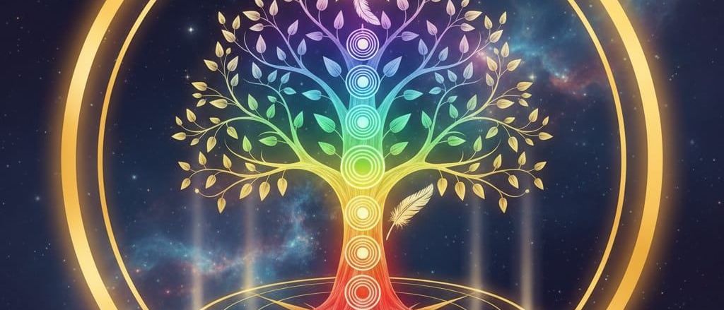 Eine farbenfrohe Illustration des Baumes des Lebens mit einem Stern an der Spitze befindet sich in einem goldenen Kreis. Die Himmelsrichtungen N, S, O und W sind um den Baum herum.