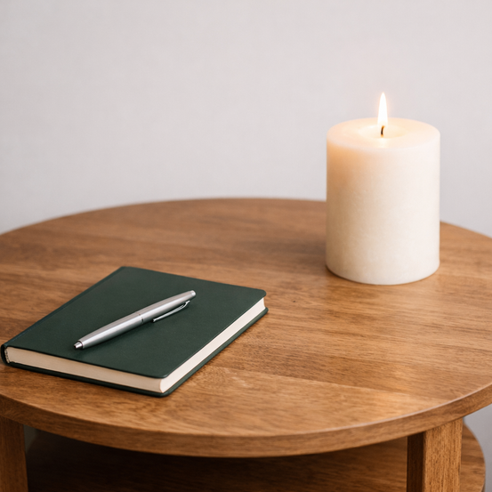 Ein Notizbuch mit einem Stift liegt auf einem Holztisch neben einer brennenden Kerze.